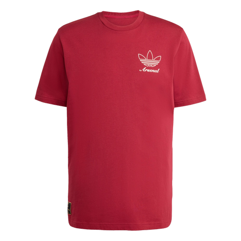 Maroon short-sleeved t-shirt with a white Adidas Trefoil logo and cursive "Arsenal" text on the chest.