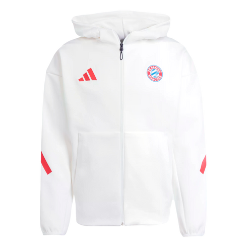 White Adidas zip-up hoodie featuring a red Adidas logo, the FC Bayern München crest, and red stripes on the sleeves.