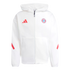 White Adidas zip-up hoodie featuring a red Adidas logo, the FC Bayern München crest, and red stripes on the sleeves.