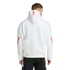 Rear view of a man wearing a white hoodie with red sleeve stripes and a red "MIA SAN MIA" label on the hood, paired with black athletic pants.