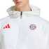 A white Adidas FC Bayern München zip-up hoodie featuring a red brand logo and the team's crest.