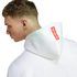Side profile of a man wearing a white hoodie. The hood features a red rectangular patch with the white text "MIA SAN MIA".