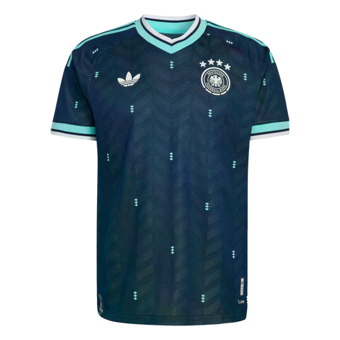 Dark blue Adidas Germany soccer jersey with light teal trim, a subtle chevron pattern, and small teal diamond motifs throughout.