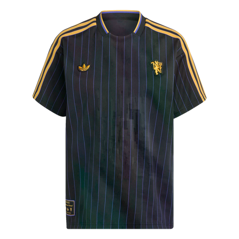 Black Manchester United soccer jersey with purple pinstripes. It features gold shoulder stripes, a gold Adidas trefoil logo, and a gold club crest on the chest.