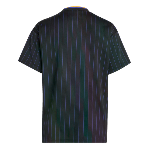 Back view of a black short-sleeve shirt with thin, vertical purple and blue pinstripes and a gold-lined collar.