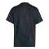 Back view of a black short-sleeve shirt with thin, vertical purple and blue pinstripes and a gold-lined collar.