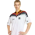 A man wearing a white Adidas Germany national football team jersey with a black, red, and yellow diamond graphic across the chest and shoulders.