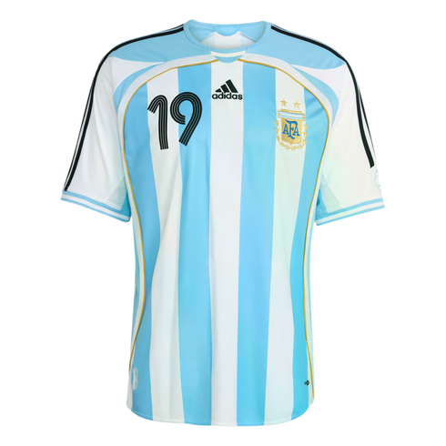 Argentina home football jersey with light blue and white vertical stripes, featuring the Adidas logo, AFA crest, and the black number 19 on the chest.