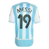 Back of a light blue and white striped Argentina soccer jersey with "MESSI" and the number "19" in black. Gold trim is visible on the shoulders.