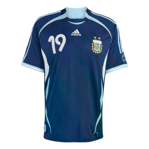 Dark blue Adidas Argentina away jersey with number 19 on the chest, light blue accents, and the AFA crest.
