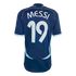 Back of a navy blue soccer jersey featuring the name "MESSI" and number "19" in white. The jersey has light blue trim and subtle vertical stripes, set against a black background.