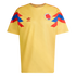 Yellow Adidas Colombia national soccer jersey featuring red and blue geometric shoulder patterns, the Adidas Trefoil logo, and the Colombian Football Federation crest.