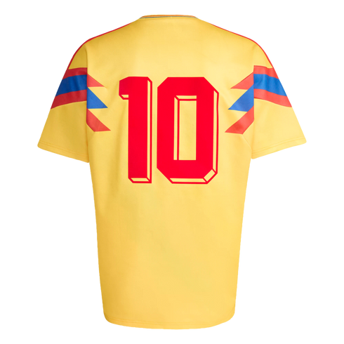 Back of a yellow jersey featuring a large red 3D number 10 and red-and-blue chevron patterns on the sleeves.
