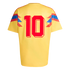 Back of a yellow jersey featuring a large red 3D number 10 and red-and-blue chevron patterns on the sleeves.