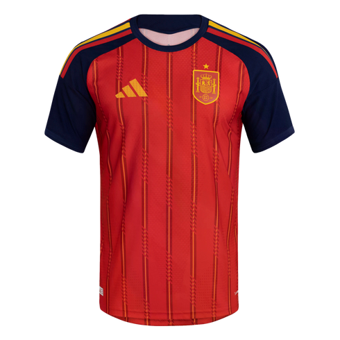 Red Spain national team soccer jersey with navy blue sleeves and collar. Features vertical stripes, a yellow Adidas logo, and the national crest.