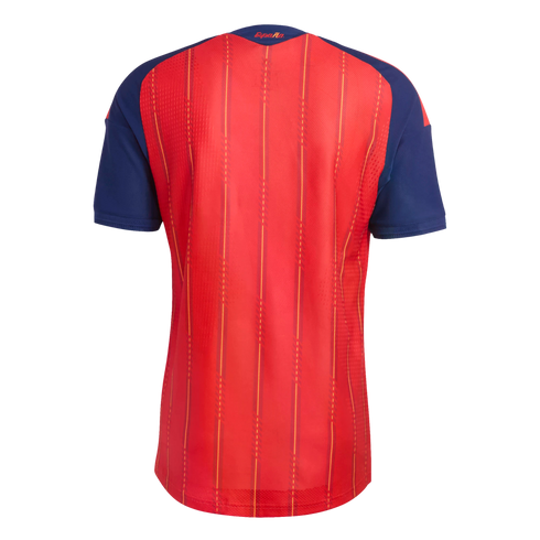 Back of a red Spain national team jersey with blue sleeves and yellow pinstripes. "España" is printed in yellow on the dark blue collar.