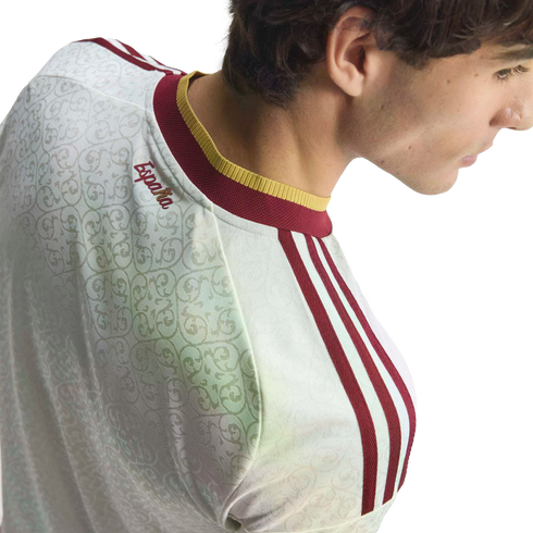 Profile of a man wearing a white Spain football jersey with maroon and gold trim and "España" embroidered on the back neck.