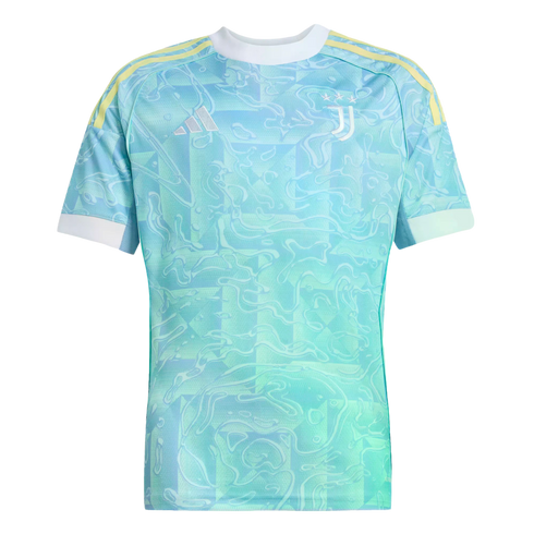 Juventus light teal training jersey with a marble pattern, yellow shoulder stripes, white collar and cuffs, and silver Adidas and Juventus logos.