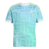 Juventus light teal training jersey with a marble pattern, yellow shoulder stripes, white collar and cuffs, and silver Adidas and Juventus logos.