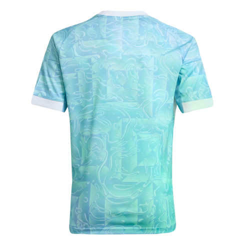 Back view of a light blue and teal short-sleeved jersey with an abstract wavy pattern and white trim on the collar and cuffs.