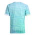 Back view of a light blue and teal short-sleeved jersey with an abstract wavy pattern and white trim on the collar and cuffs.