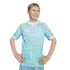 Smiling blonde boy in a light blue patterned Juventus soccer jersey with yellow shoulder stripes, posing with hands on hips against a white background.