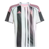 Juventus soccer jersey by Adidas in white with black vertical stripes and pink accents on the crest, logo, and shoulder stripes.