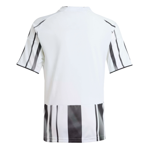 Back view of a white short-sleeved jersey with black and white vertical striped patterns on the sleeves and bottom hem.