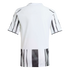 Back view of a white short-sleeved jersey with black and white vertical striped patterns on the sleeves and bottom hem.