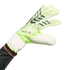 Neon green and white Adidas Predator goalkeeper glove with dark grey patterns, worn on a hand against a black background.