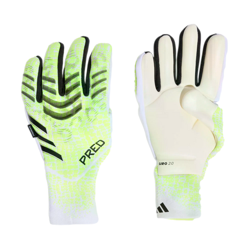Neon yellow Adidas Predator goalkeeper gloves showing the patterned backhand with "PRED" text and the white palm with "URG 2.0" branding.