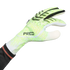 A lime green and white soccer goalkeeper glove with black textured grip ridges and "PRED" text on the back of the hand, shown against a black background.