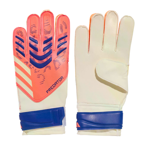 A pair of Adidas Predator goalkeeper gloves. One shows the orange and blue patterned backhand, and the other shows the white palm. Both have blue wrist straps. Black background.