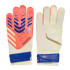 A pair of Adidas Predator goalkeeper gloves. One shows the orange and blue patterned backhand, and the other shows the white palm. Both have blue wrist straps. Black background.