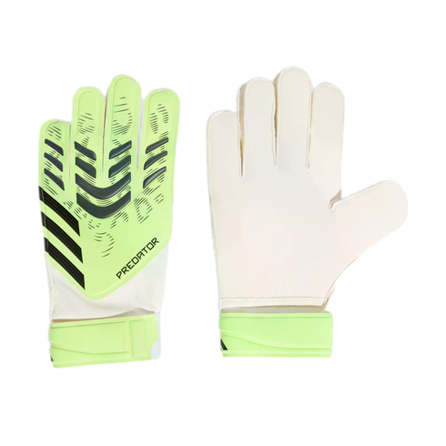A pair of lime green and white Adidas Predator goalkeeper gloves, showing both the backhand with black stripes and the plain palm side.