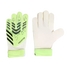 A pair of lime green and white Adidas Predator goalkeeper gloves, showing both the backhand with black stripes and the plain palm side.
