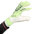 A lime green and white Adidas Predator goalkeeper glove worn on a hand against a black background.