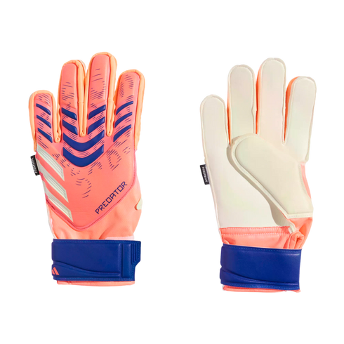 Adidas Predator Fingersave goalkeeper gloves in salmon and navy blue. Images show the textured backhand with navy accents and the white latex palm against a black background.