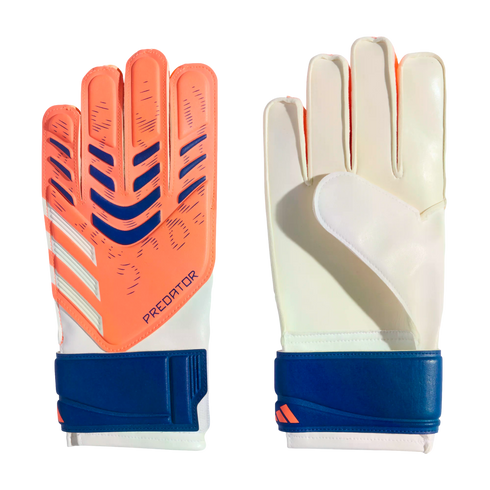 Adidas Predator goalkeeper gloves. Orange backhand with blue and white accents; white palm; dark blue wrist straps.