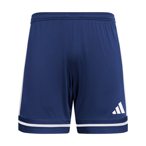 Navy blue Adidas soccer shorts featuring white side stripes, white horizontal bands near the leg hems, and a white Adidas logo on the right leg.