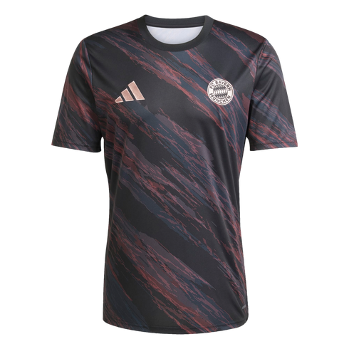 A dark grey soccer jersey featuring diagonal maroon and blue brush-stroke patterns. Rose gold Adidas logo and FC Bayern Munich crest are positioned on the chest.