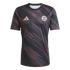 A dark grey soccer jersey featuring diagonal maroon and blue brush-stroke patterns. Rose gold Adidas logo and FC Bayern Munich crest are positioned on the chest.
