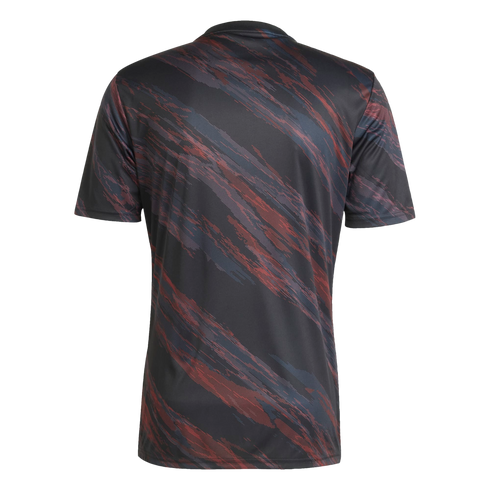 Rear view of a short-sleeved jersey featuring a dark grey base and a diagonal pattern of red and blue brushstrokes.