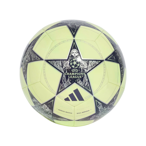 Lime-green Adidas UEFA Champions League replica soccer ball featuring dark blue star patterns and a central heroic figure graphic, set against a solid black background.