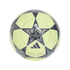 Lime-green Adidas UEFA Champions League replica soccer ball featuring dark blue star patterns and a central heroic figure graphic, set against a solid black background.