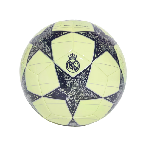 Lime-green Adidas UEFA Champions League replica soccer ball featuring the Real Madrid crest and dark blue stars with celestial constellation patterns.