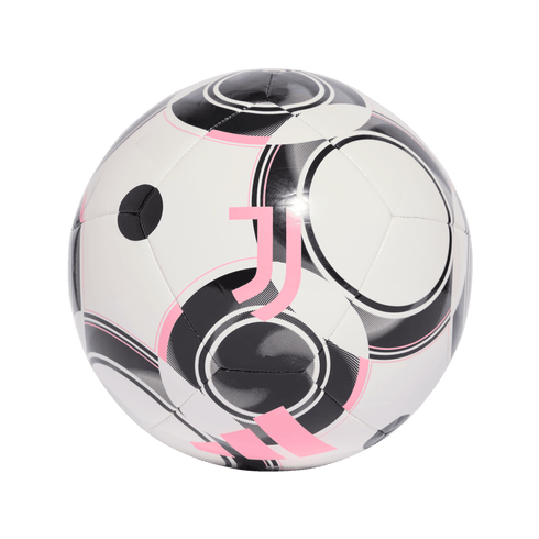 White soccer ball with black circular patterns and pink accents, featuring the Juventus "J" logo and Adidas stripes.