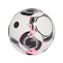 White soccer ball with black circular patterns and pink accents, featuring the Juventus "J" logo and Adidas stripes.