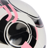 Close-up view of a white Juventus soccer ball featuring black and pink graphic designs and the stylized "J" logo.