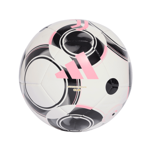 White soccer ball with black and pink circular patterns, a pink Adidas logo, and gold 'MATCH BALL REPLICA CLUB' text. A pink Juventus logo is visible at the top.
